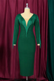 Green Fashion Solid Tassel Patchwork V Neck Long Sleeve Evening Dress