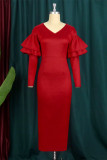 Red Fashion Casual Solid Patchwork V Neck Long Sleeve Dresses
