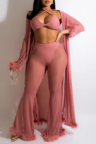 Pink Sexy Solid Split Joint Feathers Long Sleeve Two Pieces