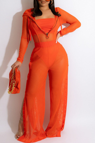 Tangerine Red Sexy Solid Patchwork See-through Hooded Collar Long Sleeve Three Pieces