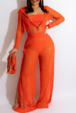 Tangerine Red Sexy Solid Patchwork See-through Hooded Collar Long Sleeve Three Pieces