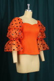 Orange Fashion Casual Dot Print Patchwork V Neck Tops