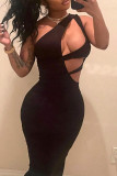 Black Fashion Sexy Solid Hollowed Out Backless One Shoulder Sleeveless Dress Dresses