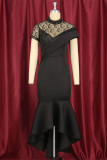 Black Fashion Sexy Patchwork See-through Half A Turtleneck Evening Dress