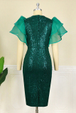Green Fashion Solid Sequins Patchwork Slit O Neck Evening Dress