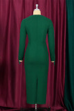 Green Fashion Solid Tassel Patchwork V Neck Long Sleeve Evening Dress