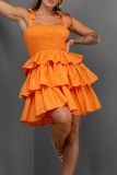 Tangerine Sweet Solid Bandage Patchwork Flounce Spaghetti Strap Cake Skirt Dresses