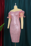 Pink Fashion Solid Sequins Patchwork Backless Slit Off the Shoulder Evening Dress