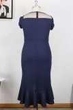 Tibetan Blue Fashion Plus Size Patchwork Hollowed Out See-through Beading O Neck Evening Dress