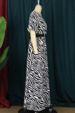 Black White Fashion Casual Print Zebra Print With Belt Oblique Collar Short Sleeve Dress