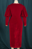 Red Elegant Solid Patchwork Beading Fold V Neck Straight Dresses