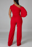 White Fashion Casual Solid Patchwork Asymmetrical Asymmetrical Collar Straight Jumpsuits