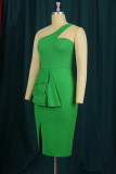 Green Fashion Sexy Solid Patchwork Backless Slit One Shoulder Sleeveless Dress