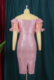 Pink Fashion Solid Sequins Patchwork Backless Slit Off the Shoulder Evening Dress