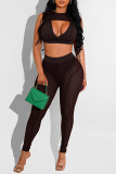 Coffee Fashion Sexy Solid Hollowed Out See-through O Neck Sleeveless Two Pieces