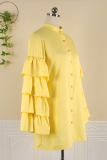 Yellow Casual Solid Patchwork Mandarin Collar Straight Dresses