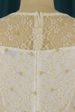 White Elegant Patchwork See-through Fold Asymmetrical O Neck Dresses