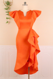 Tangerine Red Party Solid Flounce V Neck Cake Skirt Dresses