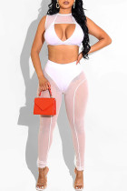 White Fashion Sexy Solid Hollowed Out See-through O Neck Sleeveless Two Pieces