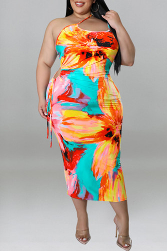 Cyan Fashion Sexy Print Bandage Backless Spaghetti Strap Sleeveless Dress Plus Size Dresses