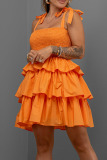 Tangerine Sweet Solid Bandage Patchwork Flounce Spaghetti Strap Cake Skirt Dresses