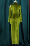Light Green Sexy Solid Hollowed Out Patchwork Slit Beading Turtleneck Long Sleeve Dresses