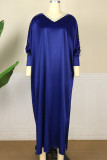 Royal Blue Fashion Casual Solid Hollowed Out Patchwork V Neck Long Sleeve Dresses