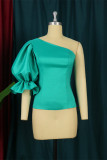 Green Fashion Casual Solid Backless Oblique Collar Tops