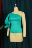 Green Fashion Casual Solid Backless Oblique Collar Tops