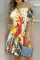 Multicolor Fashion Casual Print Bandage Off the Shoulder Short Sleeve Dress Dresses