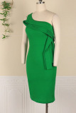 Green Elegant Solid Patchwork Flounce Fold Oblique Collar Pencil Skirt Dresses