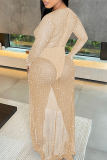 Apricot Fashion Sexy Casual Party Solid Hot Drilling See-through Slit V Neck Mesh Dress Dresses