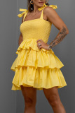 Yellow Sweet Solid Bandage Patchwork Flounce Spaghetti Strap Cake Skirt Dresses