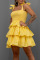 Yellow Sweet Solid Bandage Split Joint Flounce Spaghetti Strap Cake Skirt Dresses