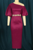 Burgundy Elegant Solid Patchwork Oblique Collar One Step Skirt Dresses