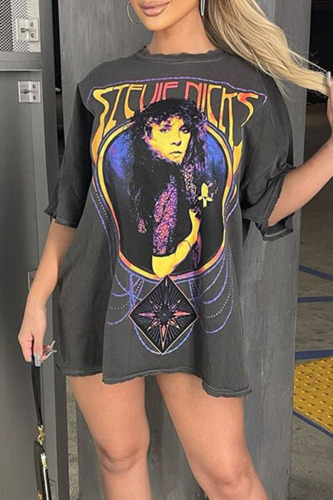 Grey Casual Street Print Patchwork O Neck T-Shirts
