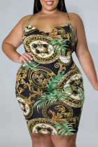 Black Gold Fashion Sexy Print Backless Spaghetti Strap Sleeveless Dress Plus Size Dresses