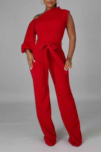 Red Fashion Casual Solid Patchwork Asymmetrical Asymmetrical Collar Straight Jumpsuits