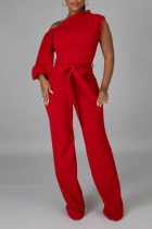 Red Fashion Casual Solid Split Joint Asymmetrical Asymmetrical Collar Straight Jumpsuits