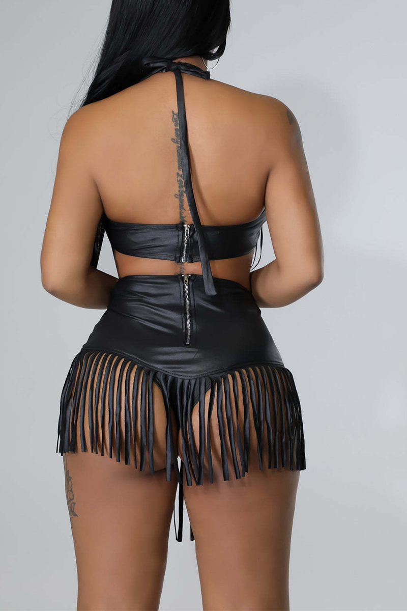 Sexy Party Vacation Solid Tassel Backless Sequined 3 Piece Sets Swimwear Bikini