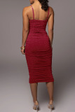 Burgundy Sexy Solid Patchwork Fold Spaghetti Strap One Step Skirt Dresses