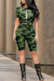Army Green Casual Letter Camouflage Print Patchwork O Neck Short Sleeve Two Pieces