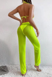 Fluorescent Yellow Sexy Solid Patchwork See-through Halter Sleeveless Two Pieces