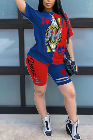 Red and blue venetian Fashion Casual Patchwork Print Two Piece Suits pencil Short Sleeve Two Pieces