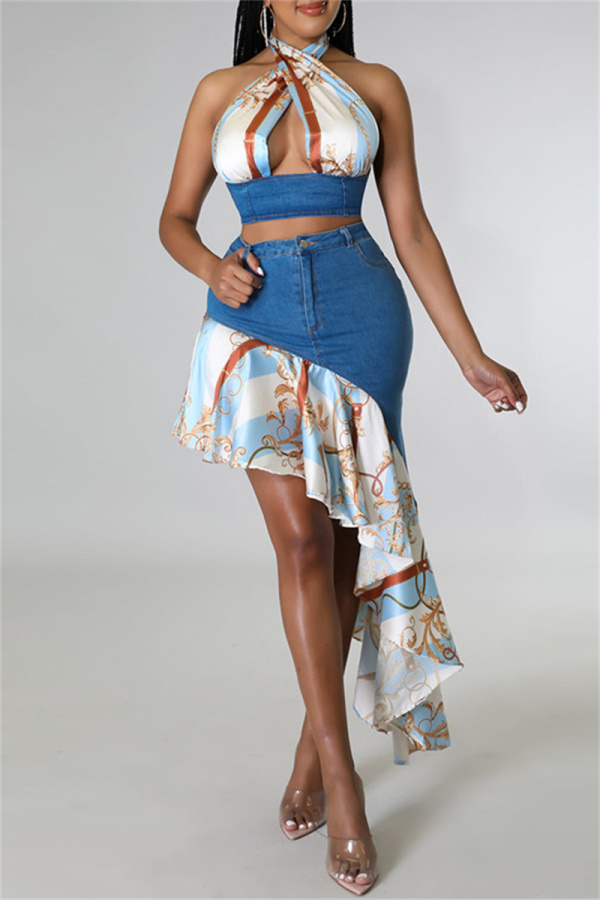 Blue Fashion Sexy Print Bandage Patchwork Backless Halter Sleeveless Two Pieces