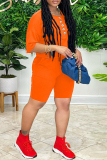 Orange Fashion Casual Solid Buttons O Neck Short Sleeve Two Pieces