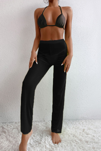 Black Sexy Solid Patchwork See-through Halter Sleeveless Two Pieces
