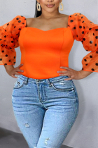 Orange Fashion Casual Dot Print Split Joint V Neck Tops
