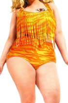Orange Sexy Print Tassel Plus Size Swimwear