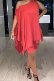 Red Fashion Casual Solid Asymmetrical Oblique Collar Sleeveless Two Pieces